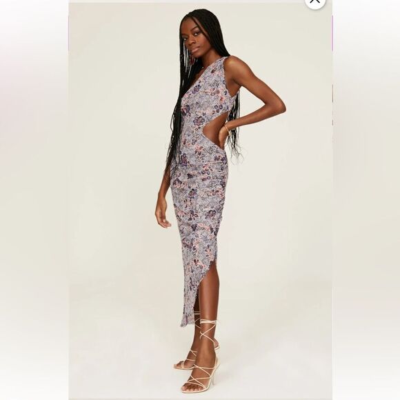 New MISA Los Angeles Aries Dress feathered floral one shoulder draped maxi L - Picture 2 of 15